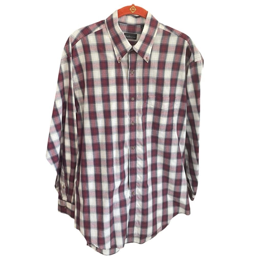 Van Heusen Men's Shirt Size M - 15 Button Down Long Sleeve Red Windowpane Plaid